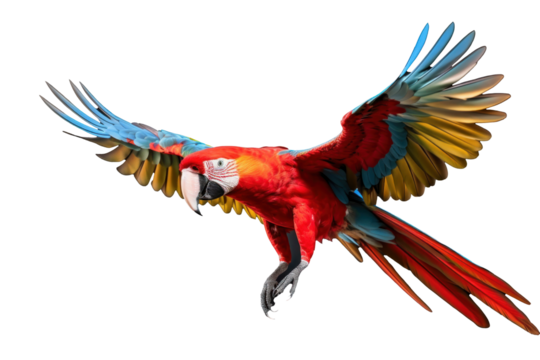 A scarlet macaw parrot flying isolated on transparent background.