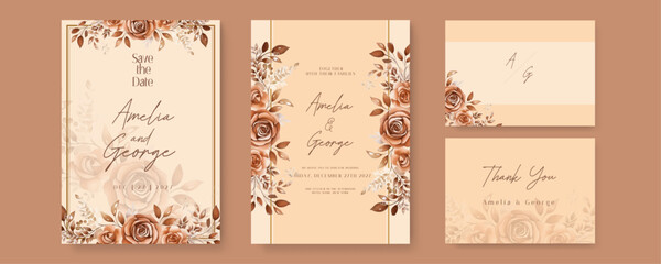 Beige rose artistic wedding invitation card template set with flower decorations