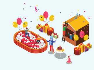 Obraz premium Happy children having fun together at birthday party isometric 3d vector illustration concept for banner, website, landing page, flyer, greeting card, etc