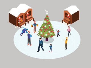 Fototapeta na wymiar Christmas market and holiday fair isometric 3d vector illustration concept for banner, website, landing page, flyer, greeting card, etc