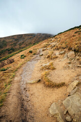 Golden autumn in the Carpathians. Mining arrays combined with trees with yellow leaves. Beautiful clouds and sun