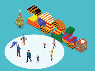 Winter wonderland in the town with happy kids playing ice skating in the city park isometric 3d vector illustration concept for banner, website, landing page, flyer, greeting card, etc