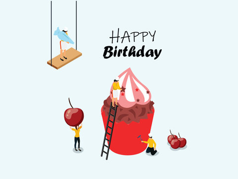 Tiny happy people making big tasty cherry cupcake isometric 3d vector illustration concept for banner, website, landing page, flyer, greeting card, etc