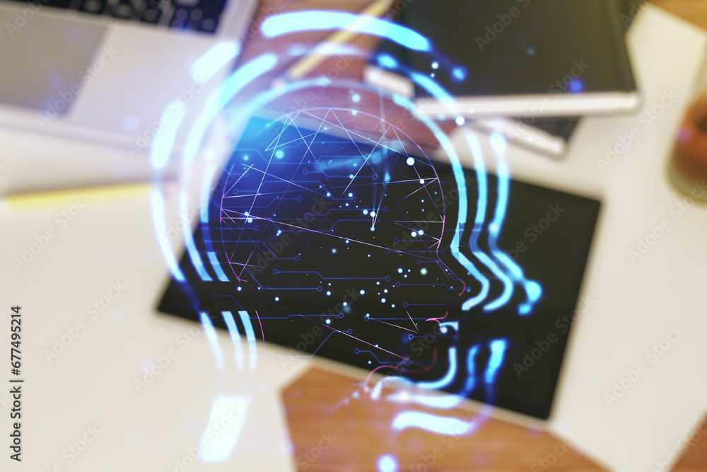 Poster creative artificial intelligence concept with human head sketch and modern digital tablet on desktop