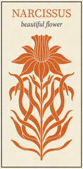 Floral narcissus plant in art nouveau 1920-1930. Hand drawn narcissus in a vintage style with weaves of lines, leaves and flowers.