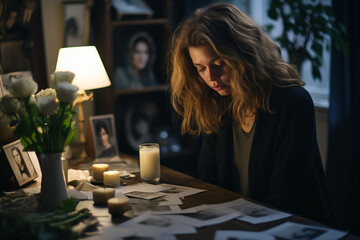 Dramatic shot of Woman feeling sad when looking at picture of lost loved one in the frame - obrazy, fototapety, plakaty