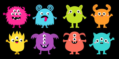 Happy Halloween. Monster colorful icon set. Eight monsters. Eyes, tongue, tooth fang, hands up. Cute cartoon kawaii scary funny baby character. Isolated. Black background. Flat design.