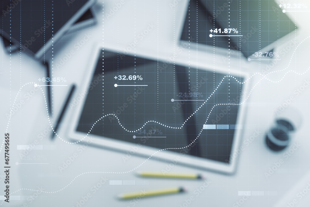 Aufkleber multi exposure of stats data illustration and modern digital tablet on background, top view, computi