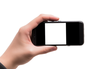 A smartphone in hand isolated on transparent background.