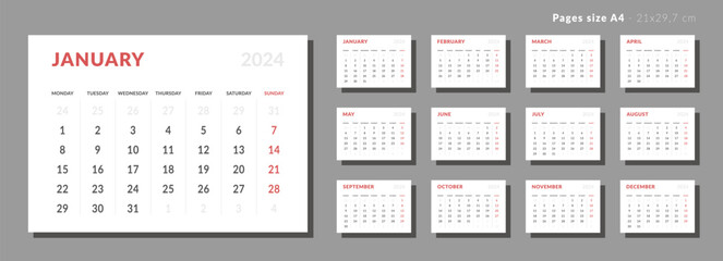 Set of Monthly page Calendar Planner Template on 2024. Vector layout horizontal of a wall or desk calendar with week start Monday. Pages for size A4 or 21x29.7 cm. Isolated Calendar grid for print.