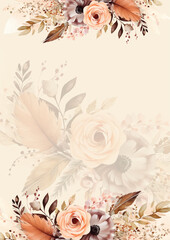 Peach beige and brown wreath background invitation template with flora and flower