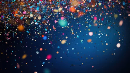 Gardinen Farbenfroh A festive and colorful party with flying neon confetti on a purple, red and blue background  © tashechka