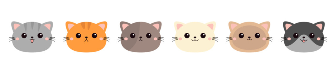 Cat face icon set line. Cute kitten, kitty. Different breeds and patterns, emotions, colors. Cartoon kawaii funny baby character. Kids collection. Sticker print. Flat design. White background.