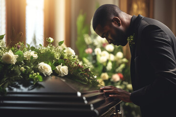 Funeral coffin, death and black man sad, grieving and mourning loss of family, friends or dead loved one, Church service, floral flowers and person with casket, grief and sadness over loss of life - obrazy, fototapety, plakaty