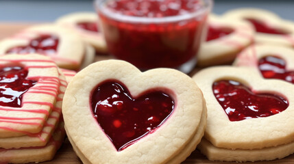 Heart-Shape Valentine's Day Jam Cookies. - obrazy, fototapety, plakaty