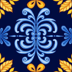 Majolica watercolor seamless pattern. Sicilian hand drawn ornament. Traditional blue and yellow ceramic tiles. Portuguese traditional azulejo pattern. Moroccan style..