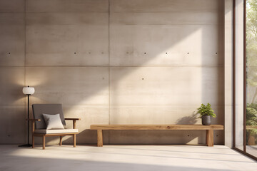 Modern living room with concrete wall and wooden furniture in industrial, in the style of soft, romantic scenes, minimalist