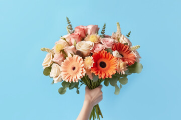 Female hand holds a bouquet of flowers on blue background close-up.