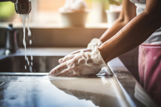 Hands of woman, gloves and washing dishes in kitchen, brush chores and house work, cleaner service and home care, Cleaning, soap and water, housekeeper working in apartment with dirt and foam at sink