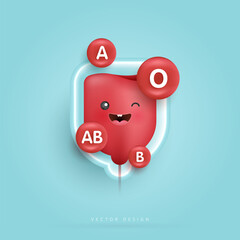 Blood bag with group droplets. blood type. cute happy healthy smiling blood drop character for medical apps, websites and hospital. vector design.