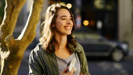 Happy, woman and travel in city with photography, film and creative work outdoor in street. Urban, photographer and person smile with vintage or retro camera filming town, adventure or journey