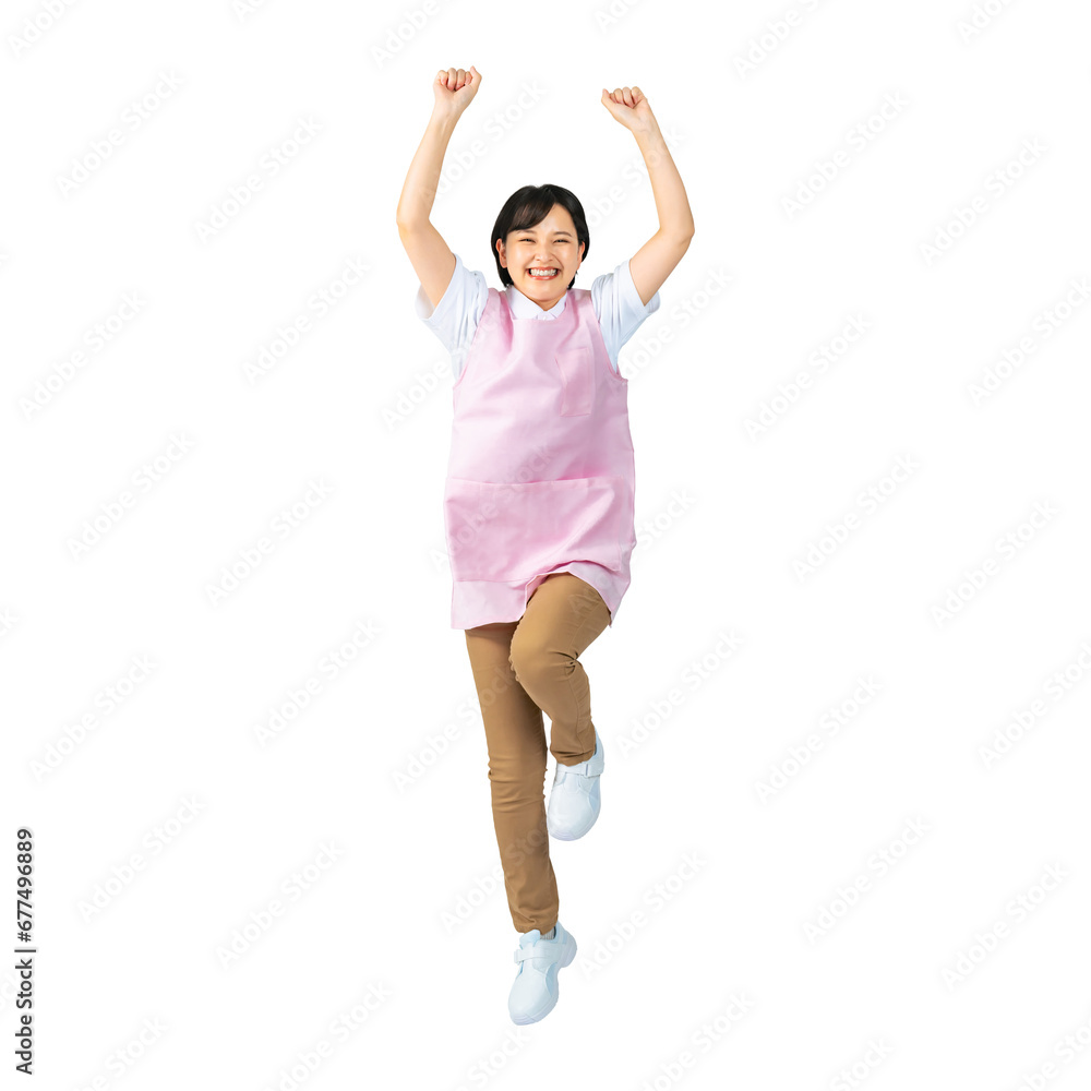 Poster ジャンプするエプロンをつけた女性　保育士　介護福祉士　切り抜き背景透過png