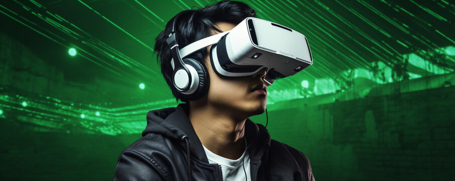 Horizontal banner or header with portrait of bored young asian man using 3d viewer with headphones outdoor - technology and video game addicted or futuristic concept