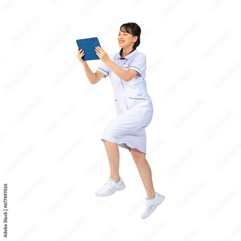 Poster タブレットを見ながらジャンプする白衣を着た女性　看護師　医師　エステティシャン　切り抜き背景透過png