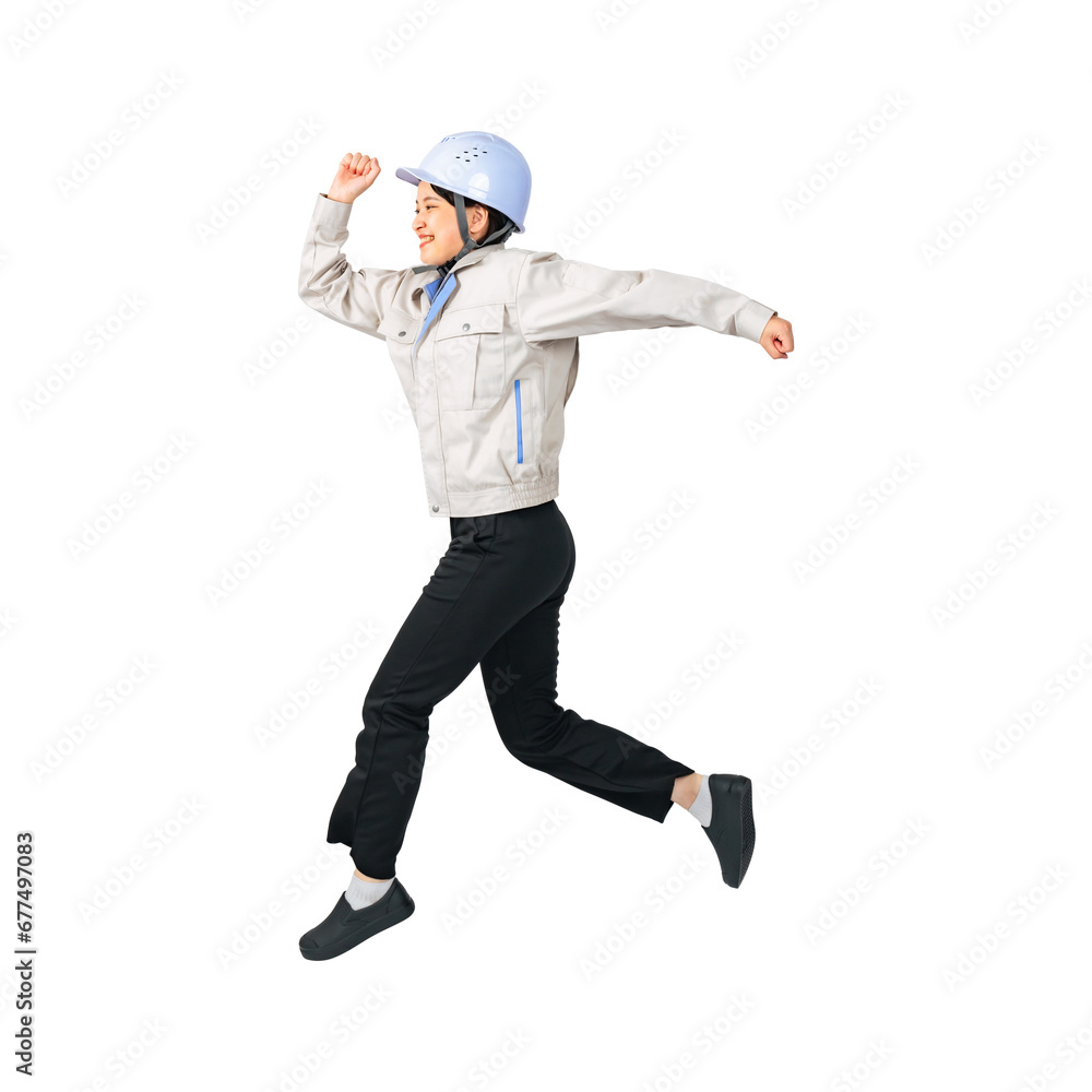 Aufkleber ジャンプするヘルメットと作業服を着た女性　作業員　エンジニア　切り抜き背景透過png
