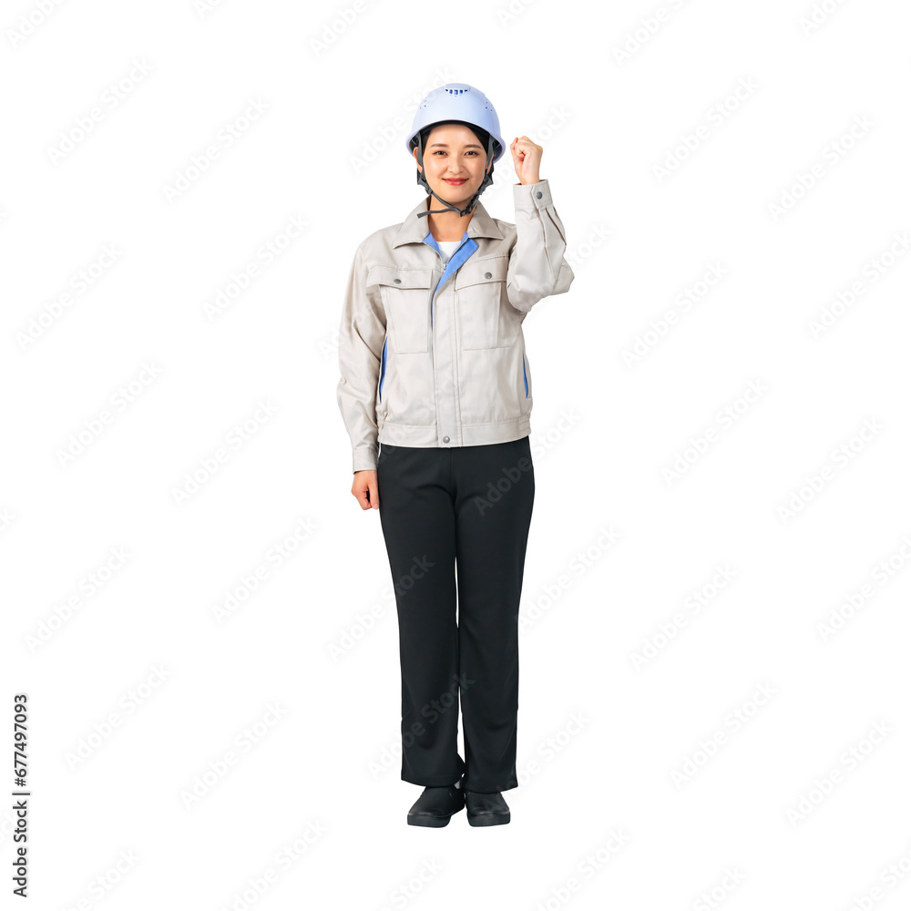 Poster ガッツポーズするヘルメットと作業服を着た女性　作業員　エンジニア　切り抜き背景透過png