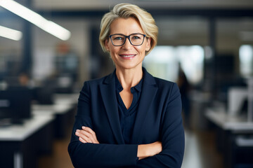 Leadership, portrait and business woman in the office with positive, happy and optimistic mindset, Happiness, smile and professional mature female executive boss standing with confidence in workplace