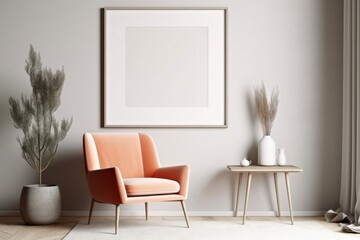 Empty mock up poster frame on white wall. Interior design of modern living room with armchair. Generative AI