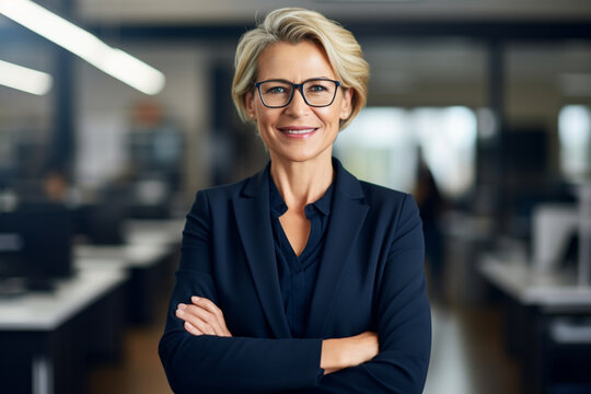 Leadership, Portrait And Business Woman In The Office With Positive, Happy And Optimistic Mindset, Happiness, Smile And Professional Mature Female Executive Boss Standing With Confidence In Workplace