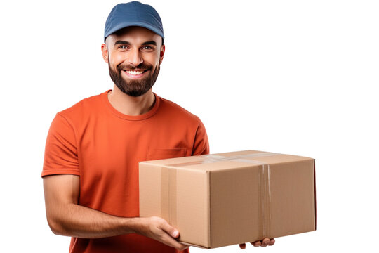 A smiling delivery man holding a box isolated on transparent background.