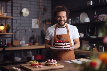 Man, chef and talking in kitchen on vlog, live streaming and recording a cake dessert tutorial on social media, Happy baker, digital content creator or food influencer filming a virtual cooking class - obrazy, fototapety, plakaty