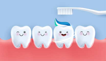 Teeth is happy brush your teeth with toothpaste. teeth suitable for children dental clinic. teeth character for kids. cute dentist mascot for medical apps, websites and hospital. vector design. - obrazy, fototapety, plakaty