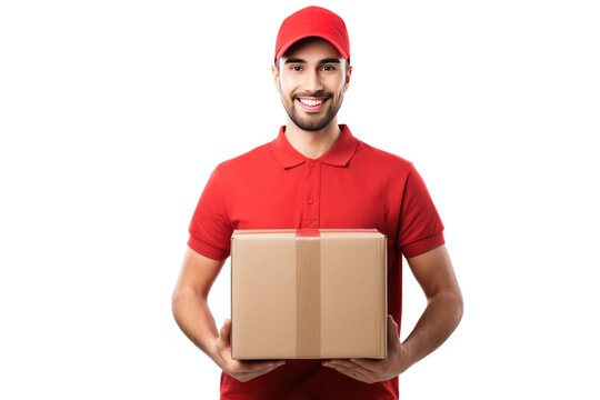 A smiling delivery man holding a box isolated on transparent background.