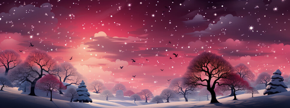 Christmas card with free text, copy space with fabulous pink background of snowy night forest and pnk cloudy sky