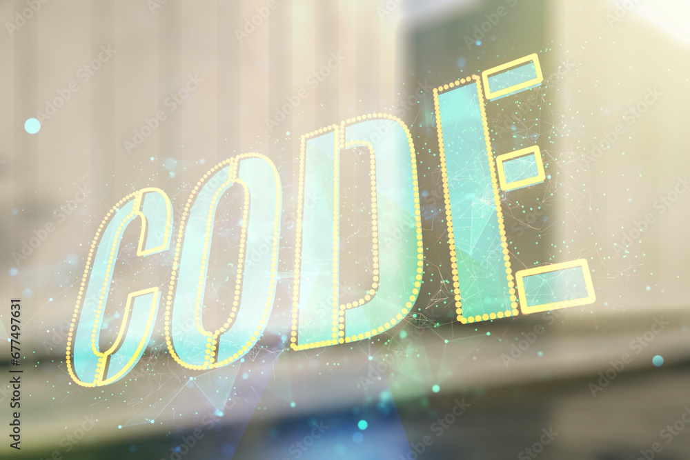 Poster code word hologram on modern business center exterior background, artificial intelligence and neural