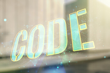 Code word hologram on modern business center exterior background, artificial intelligence and neural networks concept. Multiexposure