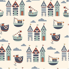 Marine seamless pattern with a cute boats. Childish illustration. Sea seamless pattern. Nautical beach huts and colorful boats on a light background. Marine pattern for kids fabric, textile.