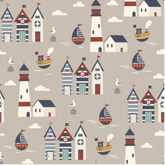 Marine seamless pattern with a cute boats. Childish illustration. Sea seamless pattern. White lighthouse, nautical beach huts, boats and seagulls on a gray background.