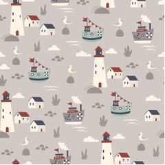 Marine seamless pattern with a cute boats. Childish illustration. Sea seamless pattern. Seagull on a stone, boats and lighthouse on a gray background. Nautical pattern for kids fabric, textile.
