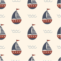 Marine seamless pattern with a sailing boat. Cartoon childish background. Sea seamless pattern. Cute sailboat on a light background.
