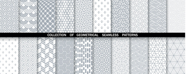 Geometric set of seamless gray and white patterns. Simple vector graphics.