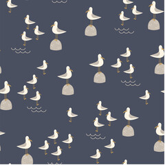 Marine seamless pattern with a seagulls. Childish illustration. Sea seamless pattern. Cute seagulls on a dark blue background. Nautical pattern for kids fabric, textile, wallpaper.