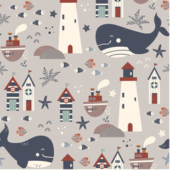 Marine seamless pattern with a cute boats. Childish illustration. Sea seamless pattern. White lighthouse, nautical beach huts, boats and the big blue whale on a gray background.