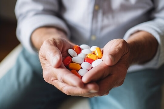 Medicine, healthcare and pills in the hands of a senior man sitting on a sofa in the retirement home, Prescription, medication and antibiotics for chronic treatment and wellness with a pensioner