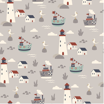 Marine seamless pattern with a cute boats. Childish illustration. Sea seamless pattern. Seagull on a stone, boats and lighthouse on a gray background. Nautical pattern for kids fabric, textile.