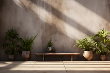 Cement concrete wall and plants with wooden furniture, in the style of reimagined architectural chic, minimalist